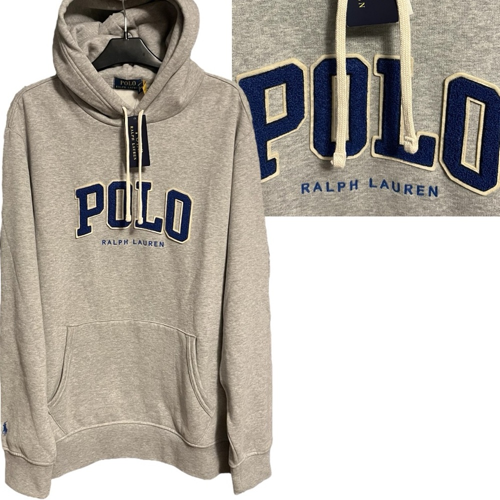 Polo Ralph Lauren Logo Appliqué Fleece Hoodie Gray Embroidered Blue Pony XL NWT